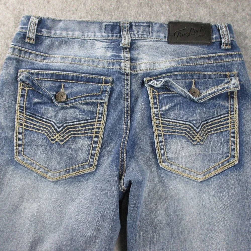 True Luck Jeans Mens‎ 30x29 Straight Leg Medium Wash Whiskered Denim Jeans Blue